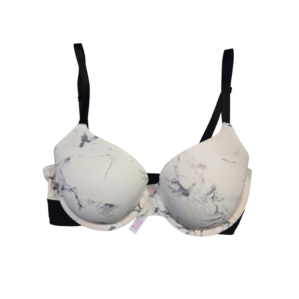 Victoria's Secret PINK Wear Everywhere T-Shirt Bra 34D Marble Print Grey White